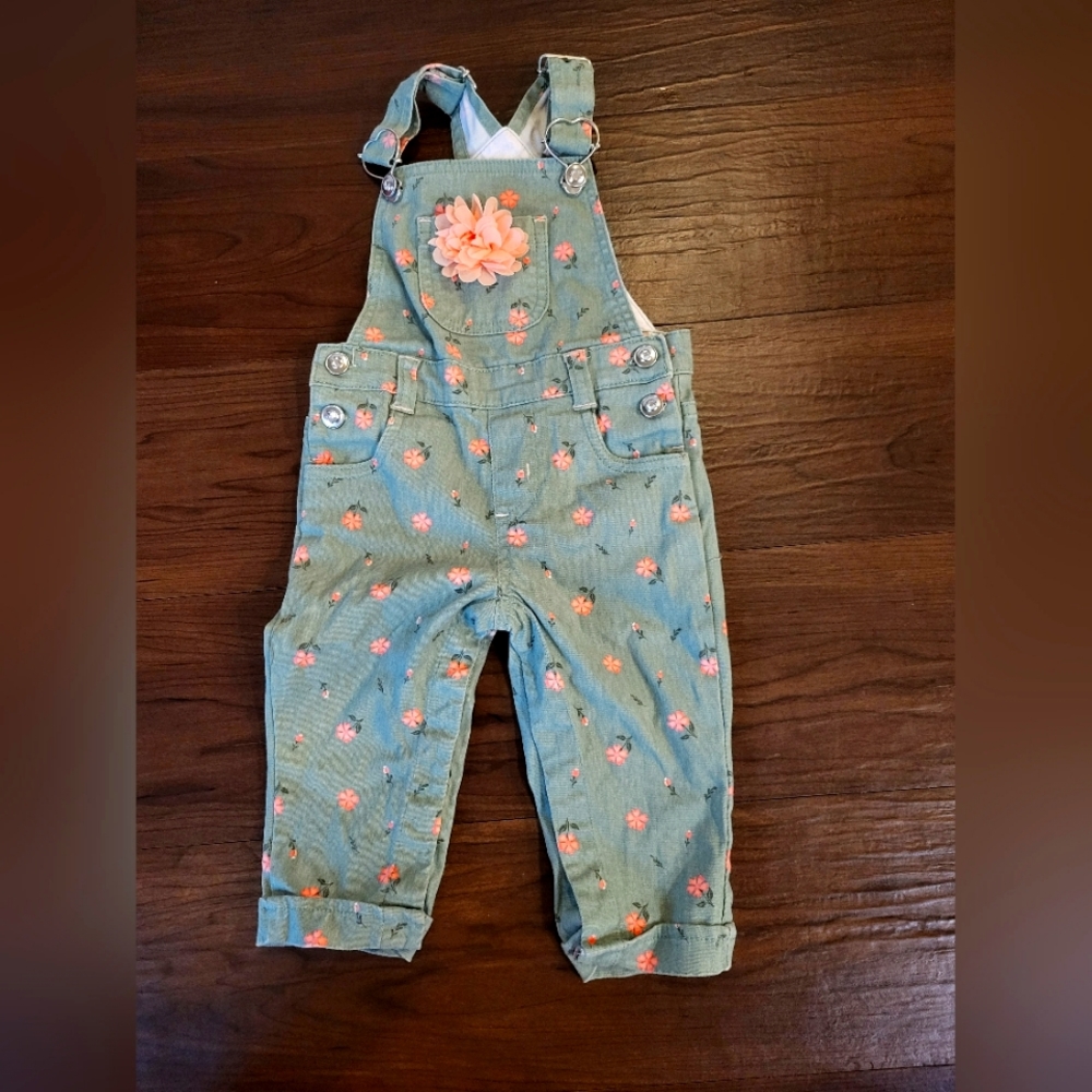 Girls overalls, 12 months, green with pink flowers